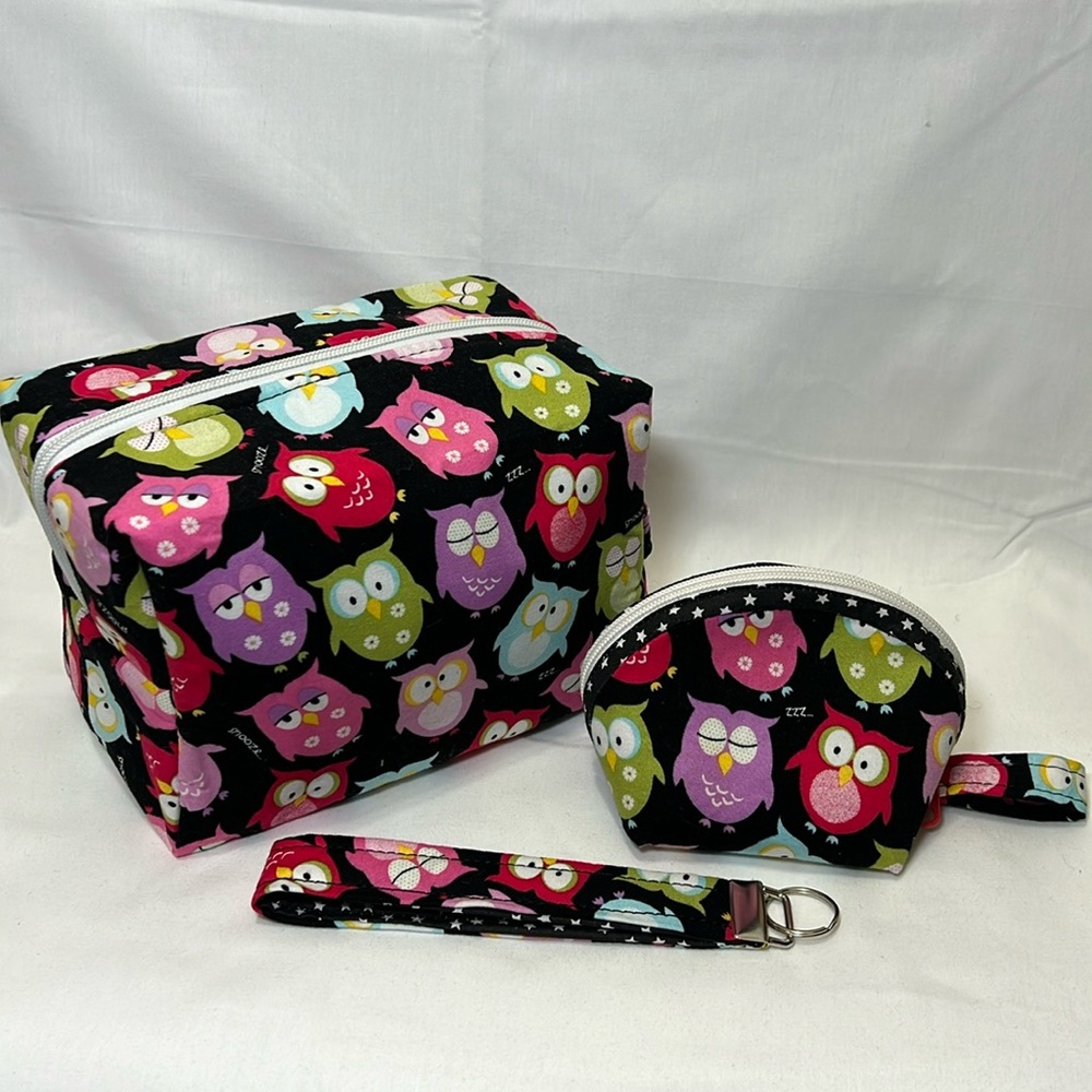 Handmade Owl Print Cosmetic Bag Set - Black